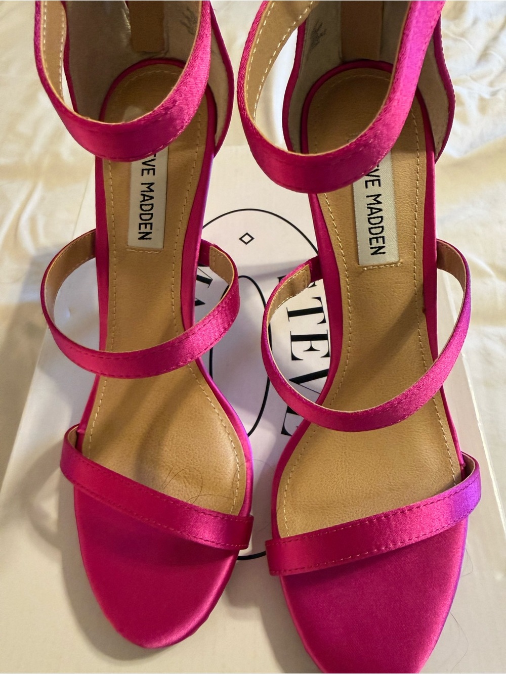Steve Madden Women's Hot Pink Satin Strappy Block Heels - Picture 1 of 5